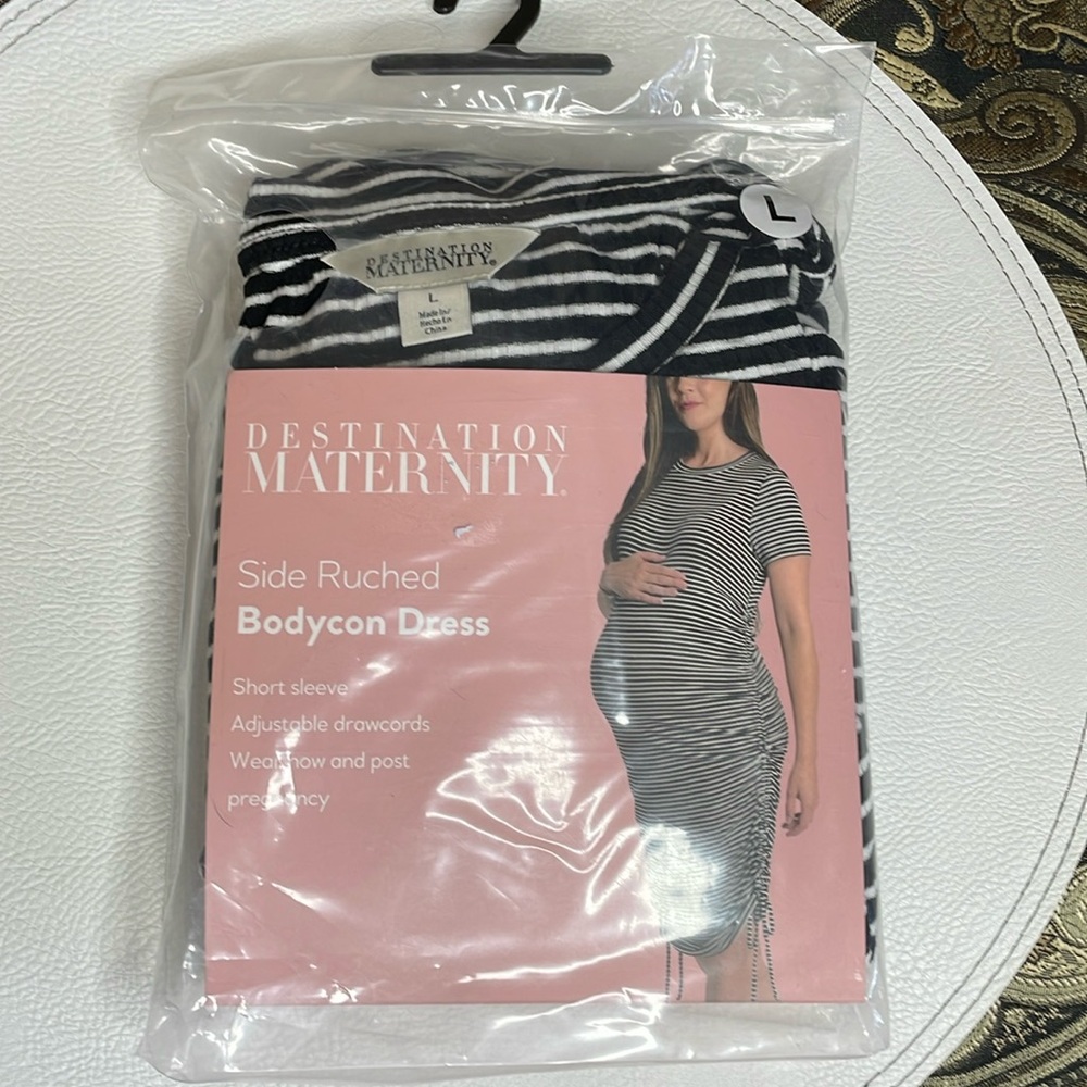 Side Ruched Destination Maternity Bodycon Black and White Striped Dress NWT - Picture 6 of 6